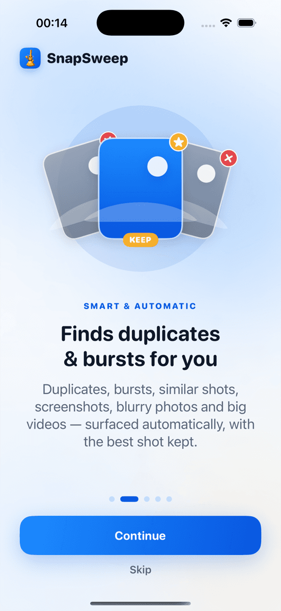 Roomier's duplicate scan results showing grouped exact duplicates and similar burst shots — categories the iOS Duplicates album doesn't detect
