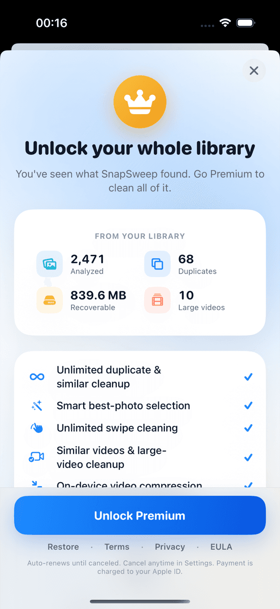Roomier's storage breakdown showing recoverable space by category — the kind of detailed analysis that helps identify why storage remains full after deleting photos