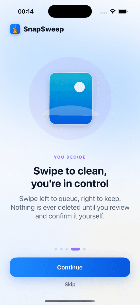 Roomier's swipe review screen showing a photo with keep-or-delete options — the careful review step that prevents photo deletion mistakes